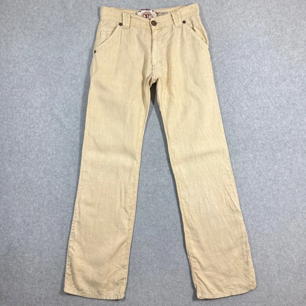 Division E Mens 29x34 Tan Beige 100% Linen Straight Leg Embroidered Pants USA
